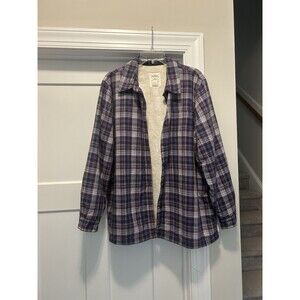 L.L. BEAN Purple White Blue Plaid Fleece Lined Button Shirt Jacket Coat Size XL